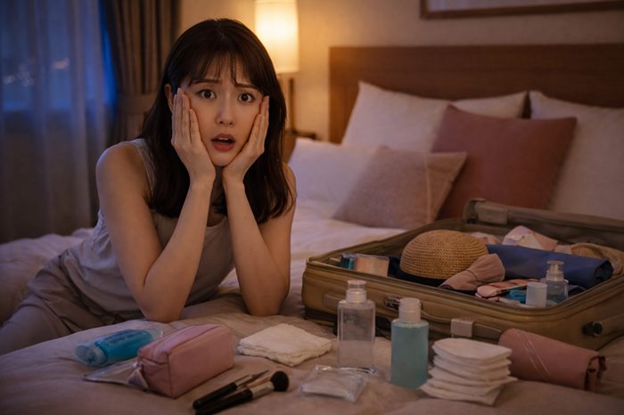 旅行で化粧落としを忘れて困っている女性